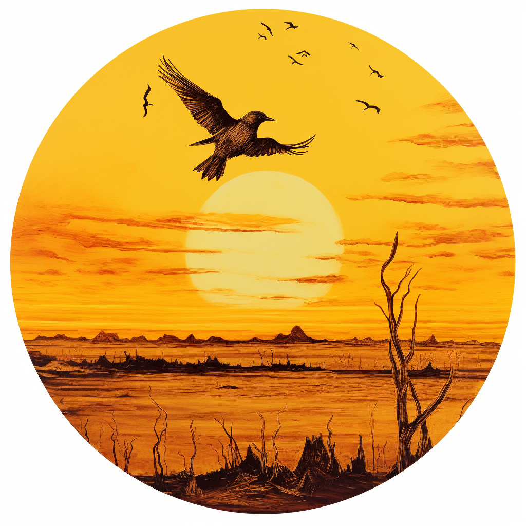 Yellow sky with circular sticker on a dry desert with dying bird