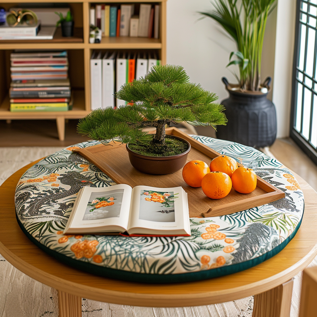 circular kotatsu pretty patterns pine bonsai tangerines