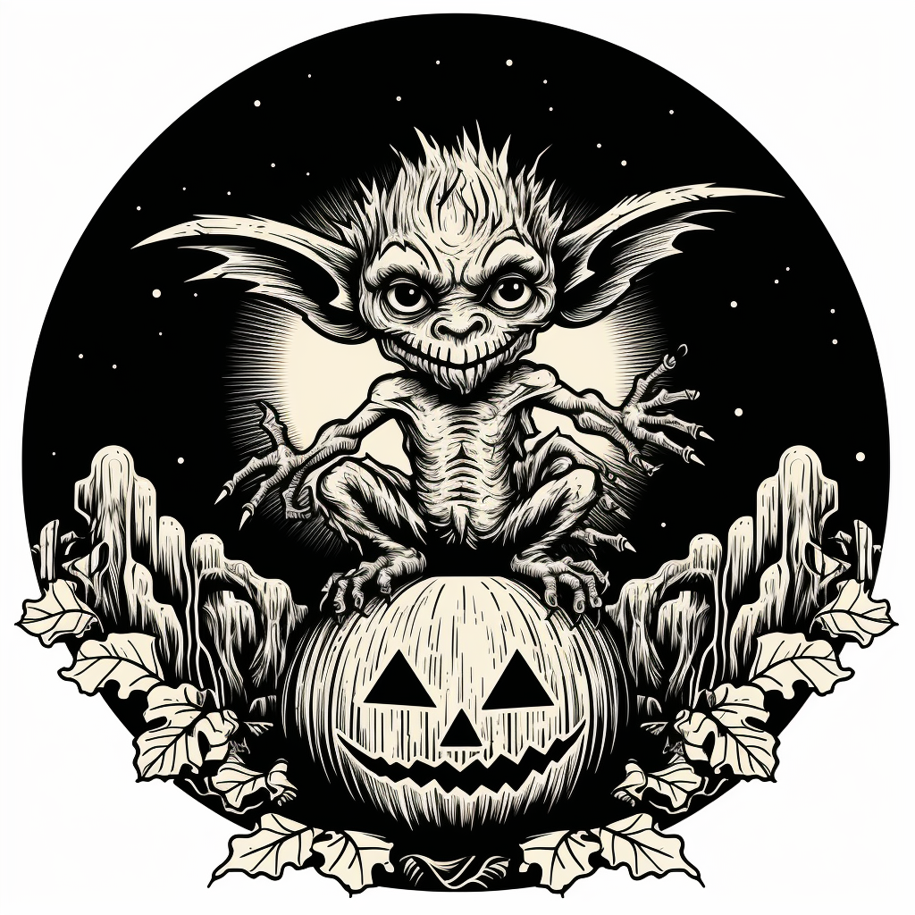 Black and white woodcut goblin in a pumpkin