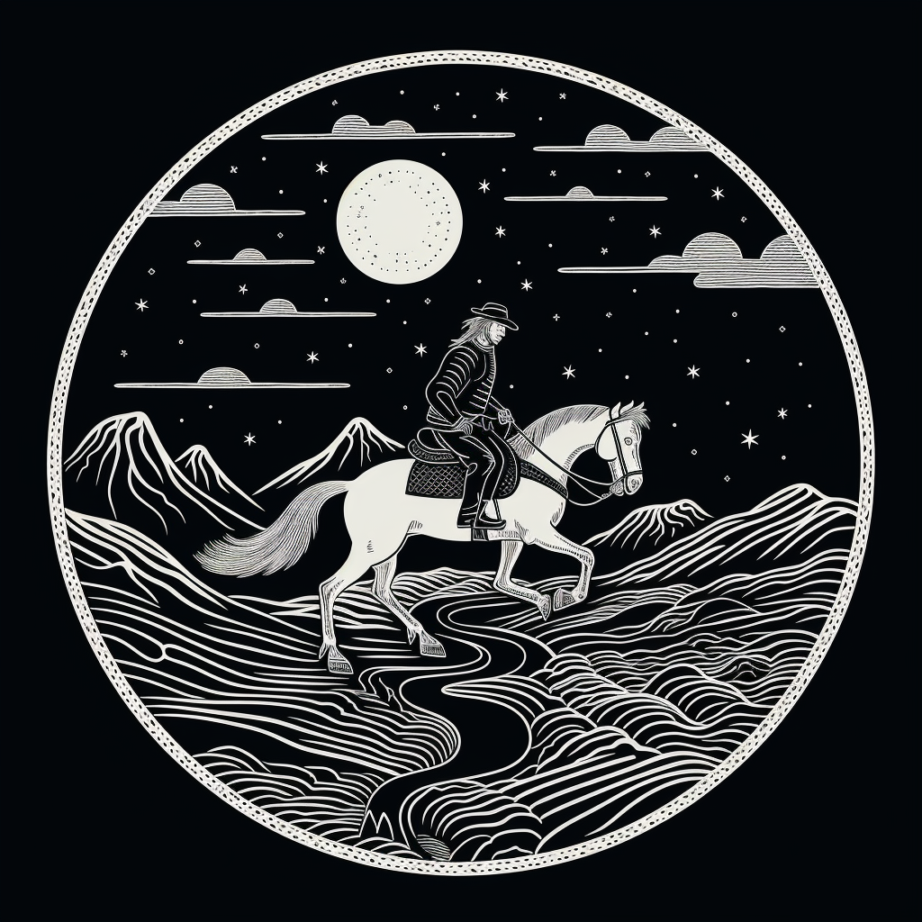 Black and white woodcut horseman riding under full moon