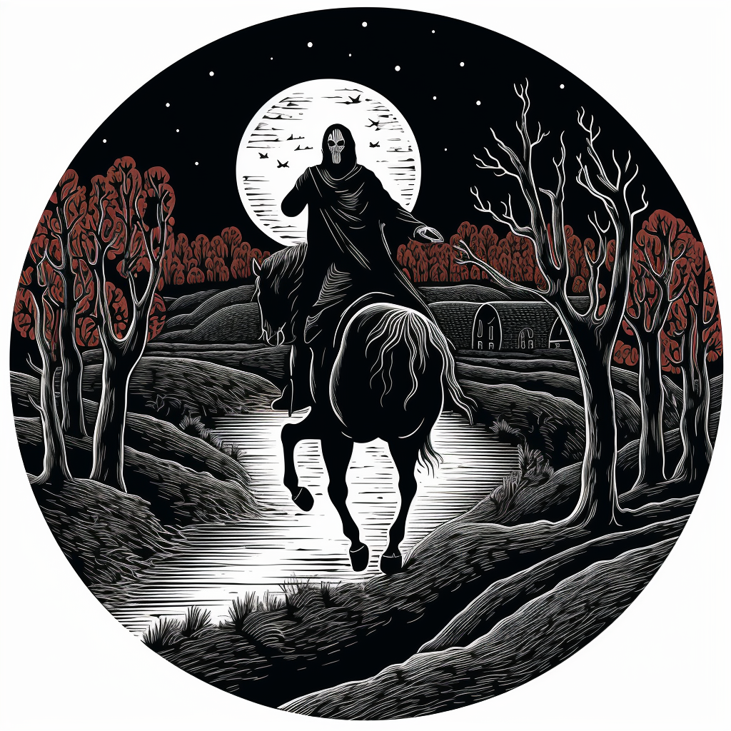 Black and white woodcut art of Sleepy Hollow Headless Horseman