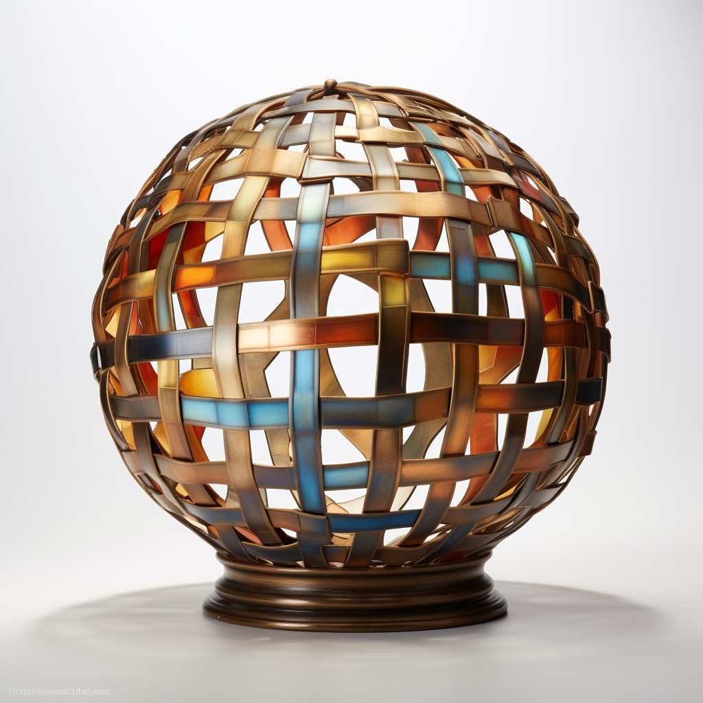 Circular Metal Stained Glass Sculpture of Tongva Weaved Basket