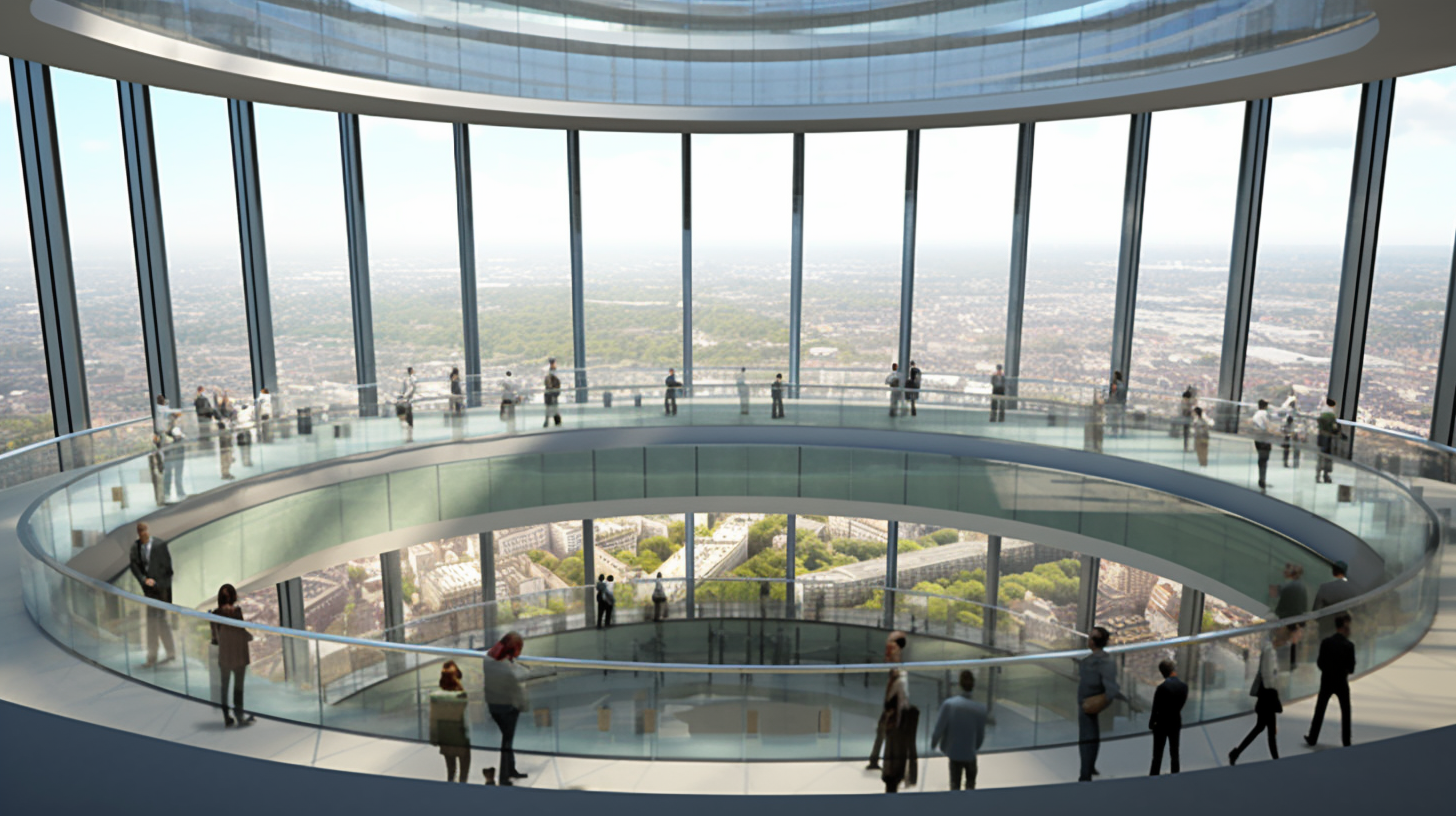 Interior view of circular skyscraper observation deck with ramp