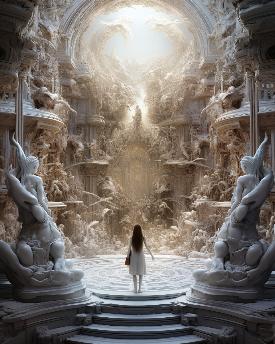 Grandiose fantasy hall with white statues