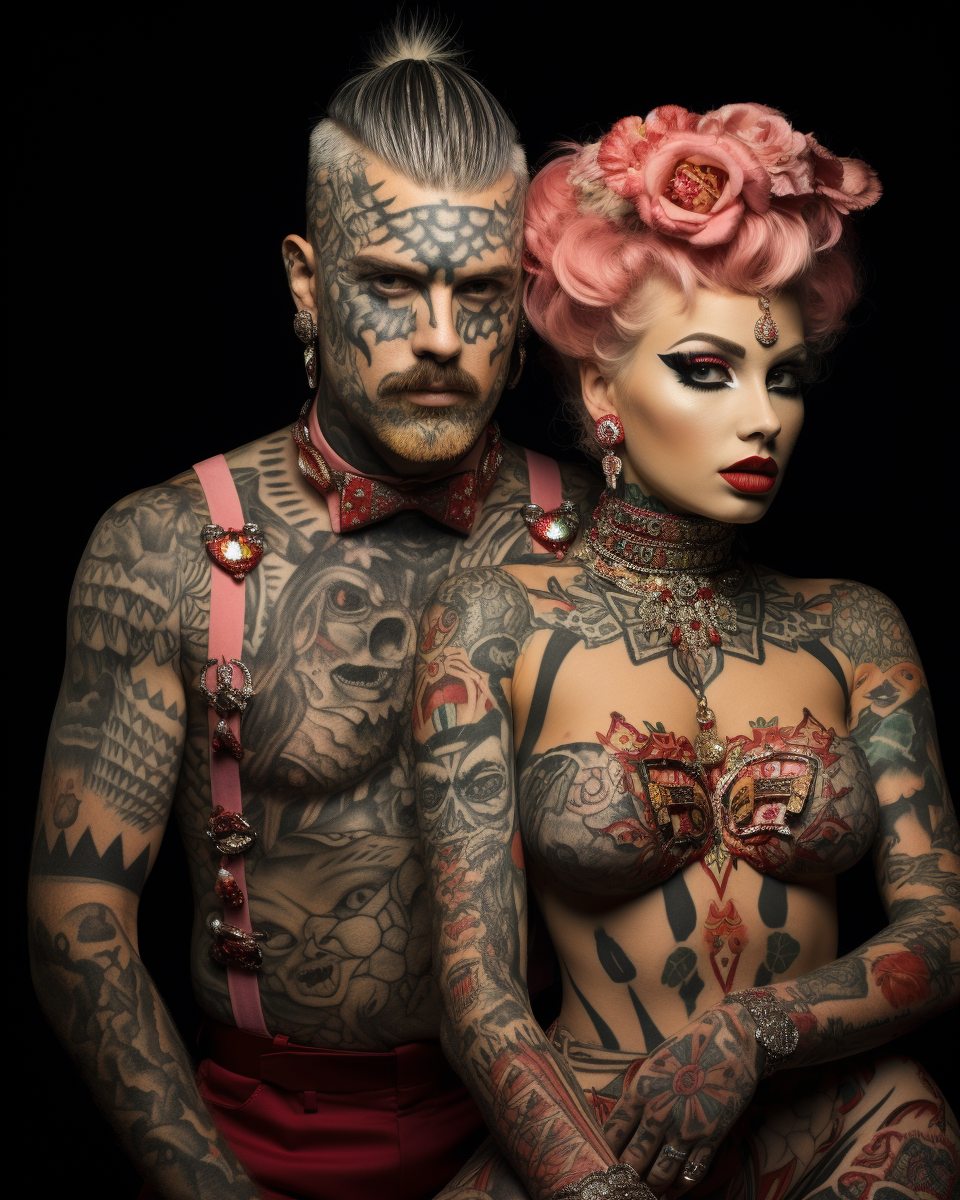 Circus people with tattoos and unique hairstyles  (6 words)