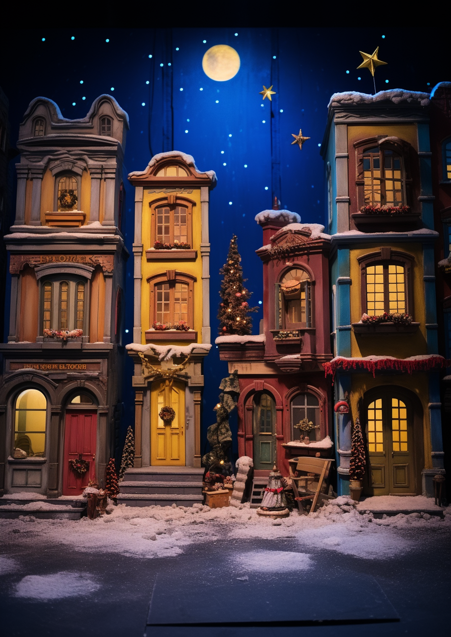 Colorful street Christmas scene with German shepherds