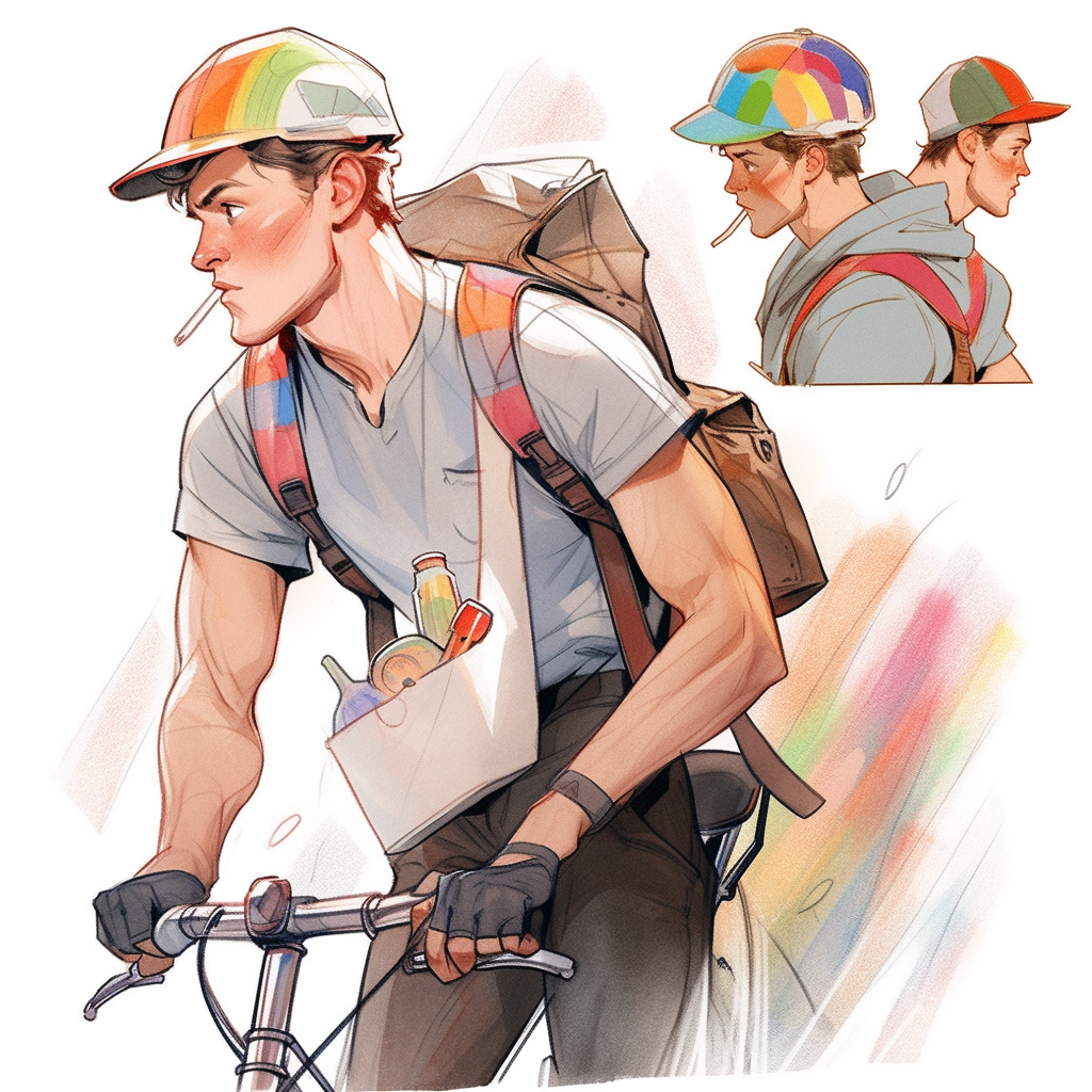 Gay male bicycle courier speeding through city streets