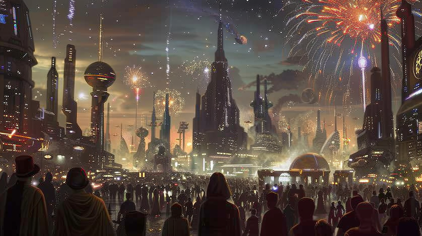 Sci-fi city celebration fireworks illustration