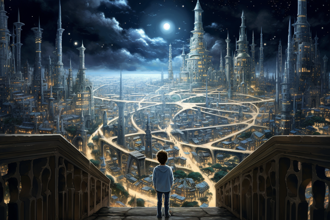 Boy exploring a city of dreams and stars