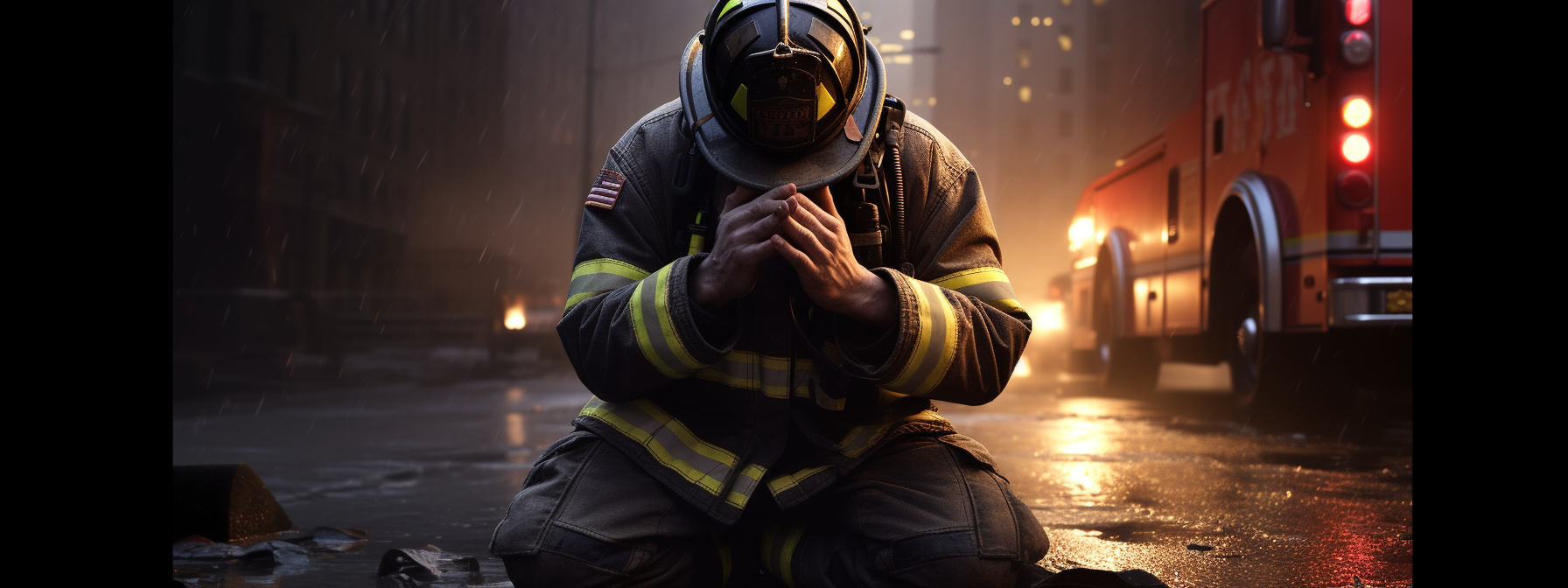 city firefighter praying fire scene