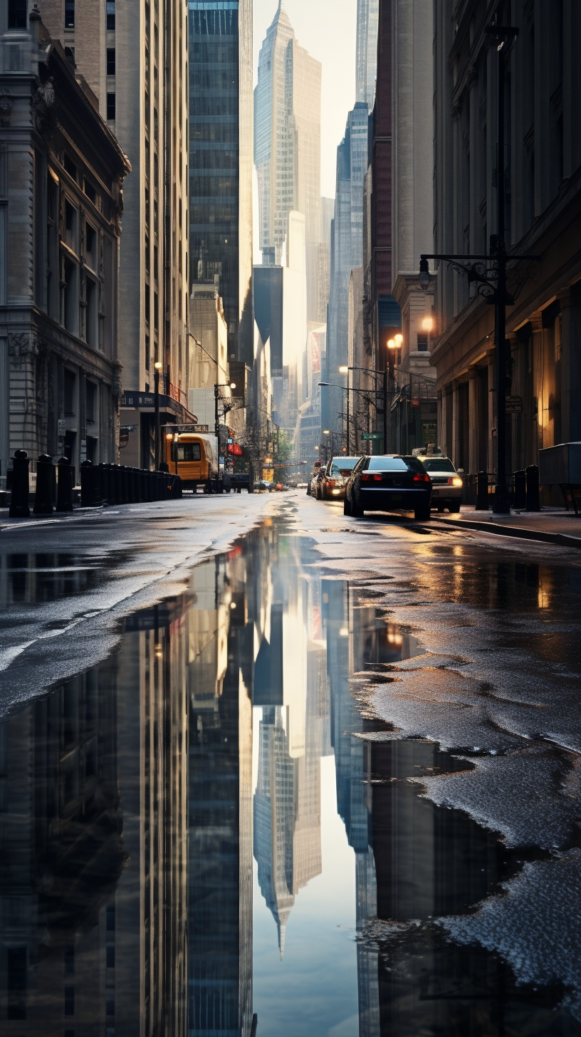 City Flood Reflection on Gloomy Day