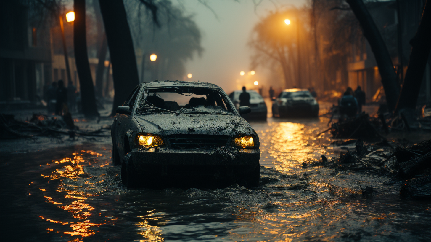 Devastating city flooding tragedy with overturned cars