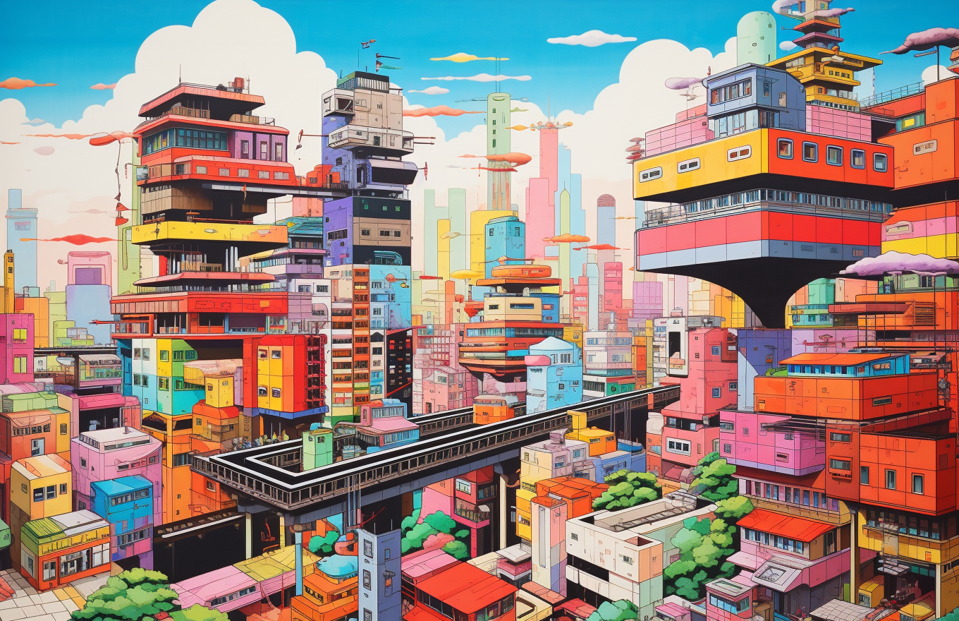 City with Towering Buildings in Go Nagai and Ray Eames Style