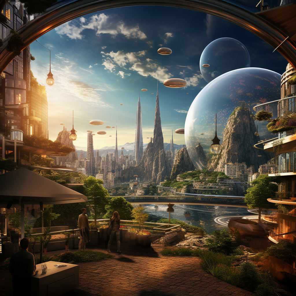 Stunning futuristic cityscape with glass buildings and trees