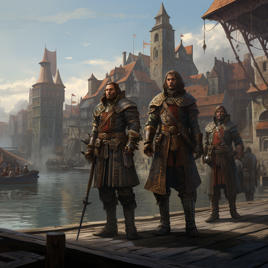 Corrupt city guards patrolling medieval docks