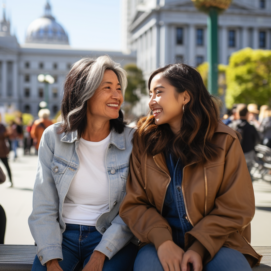 Asian teenager and Latina woman smiling on colorful bench