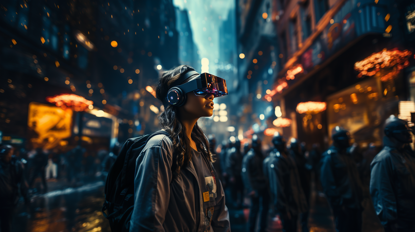 City with illuminated screens and people wearing VR headsets in a cyberpunk digital dystopia