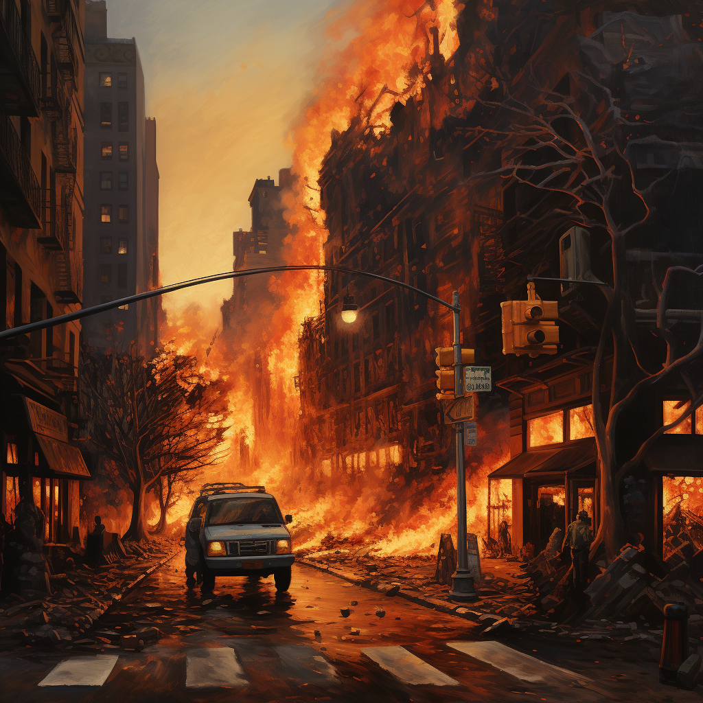 Burning city skyline in photorealistic artwork