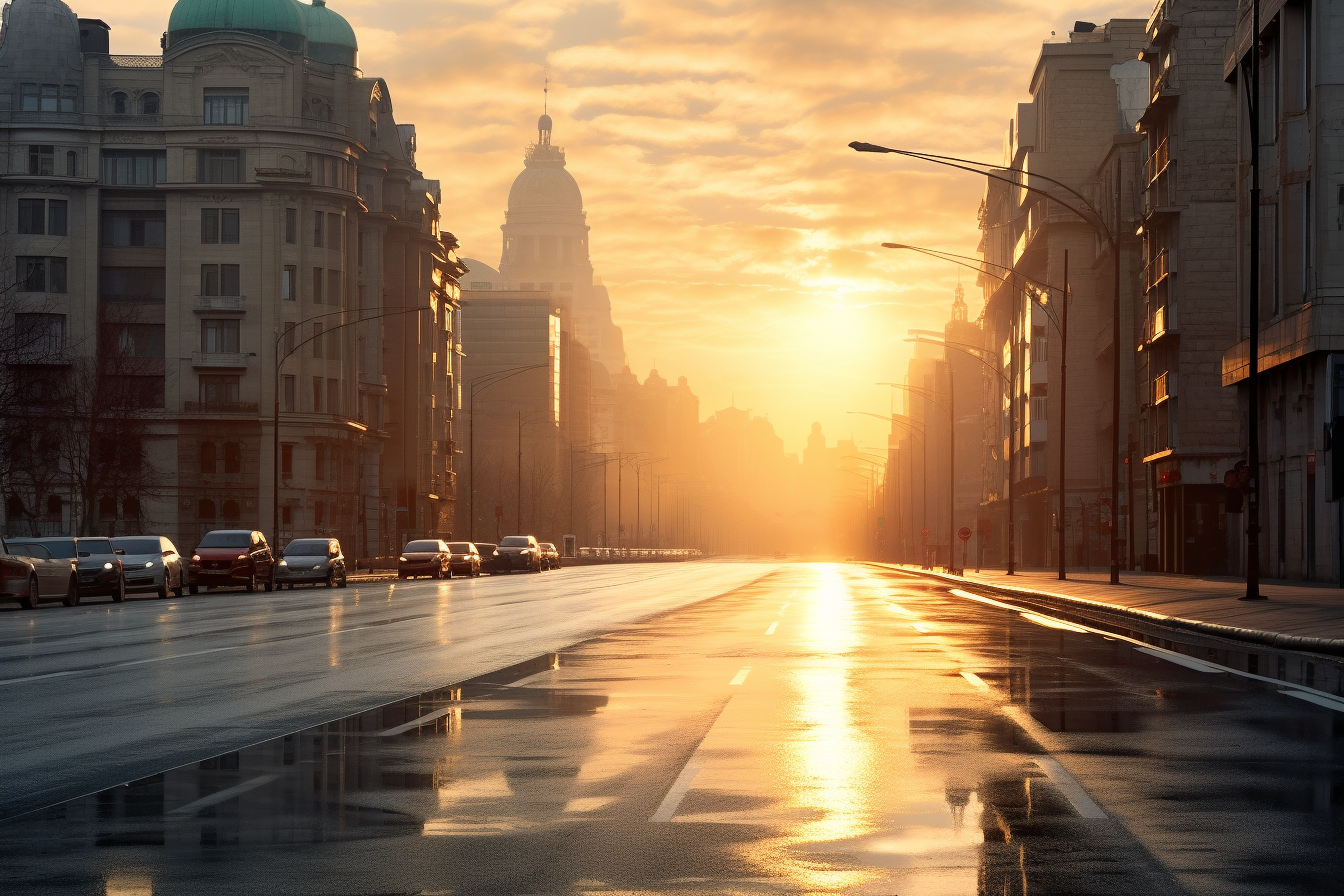 A panoramic city road in the morning light