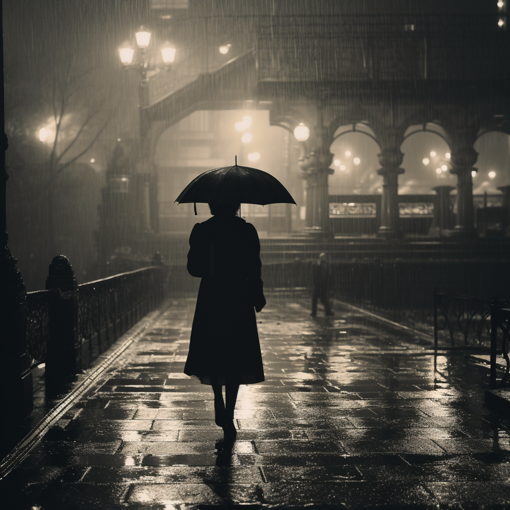 Woman holding umbrella in the rain at night