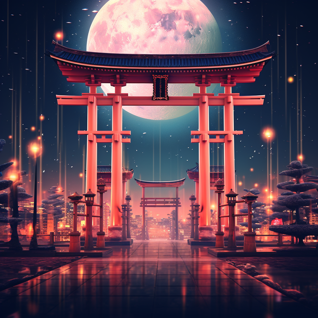 Aesthetic torii gate in city at night