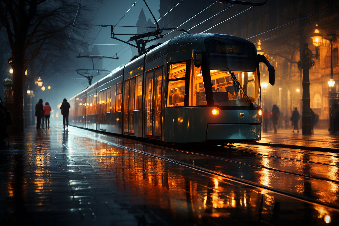 Mystical city night with tram