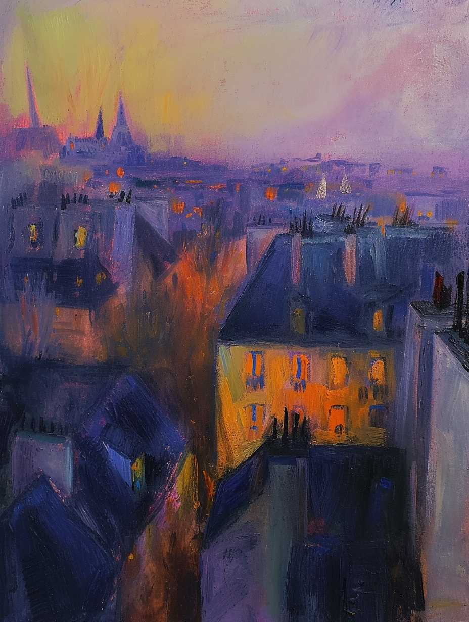 Nostalgic city night viewpoint painting