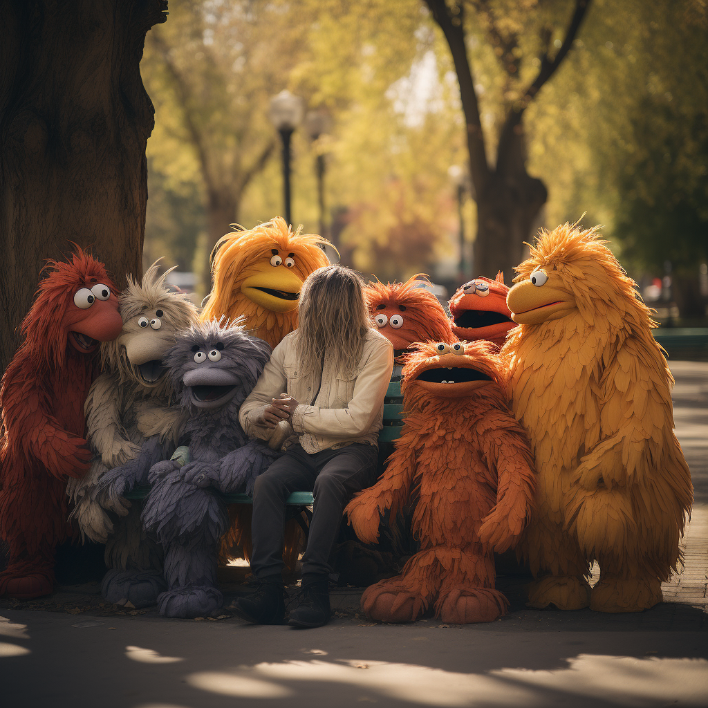 Colorful city park with muppet creatures and real people