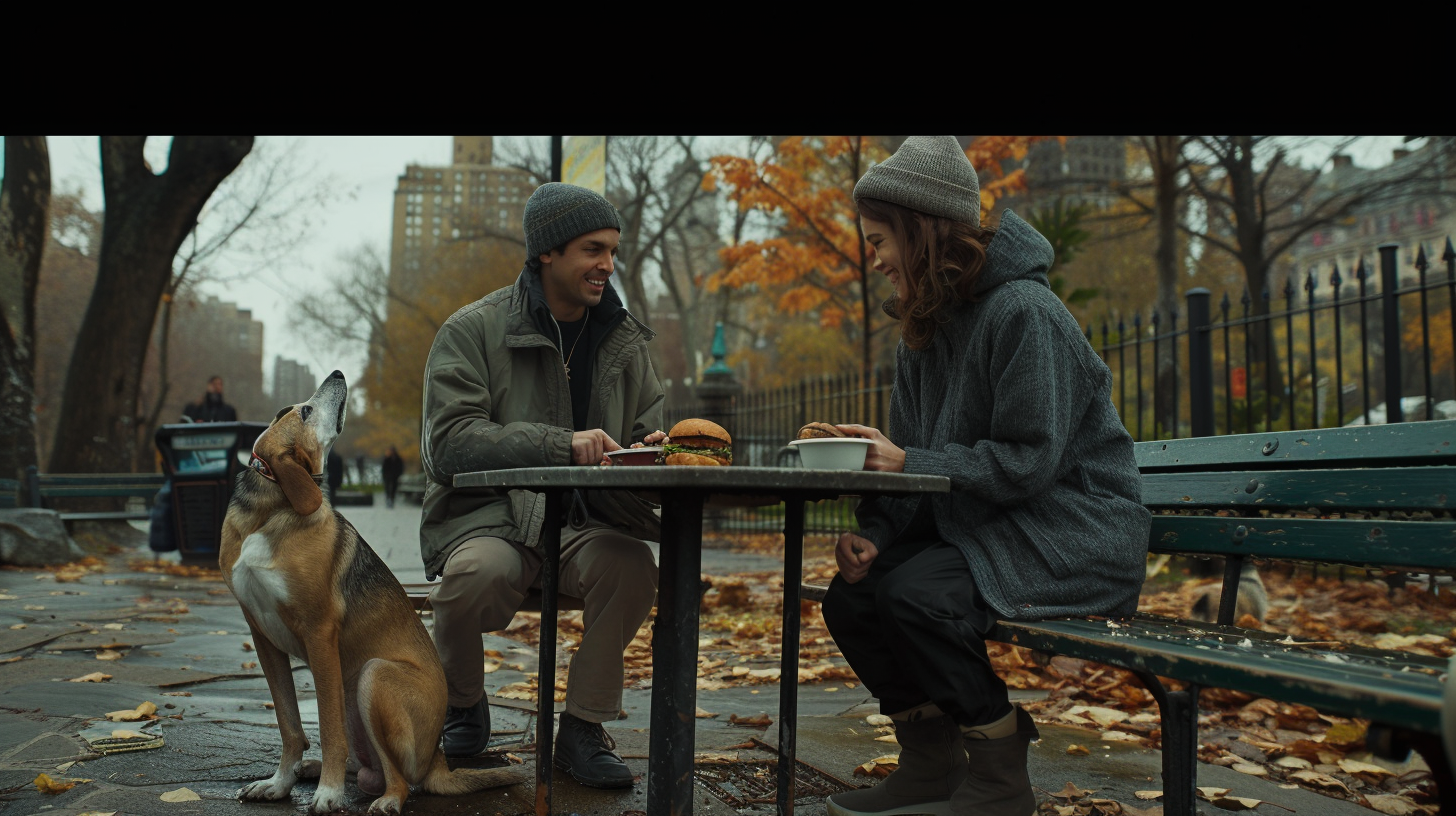 Man, Woman, and Dog in City Park