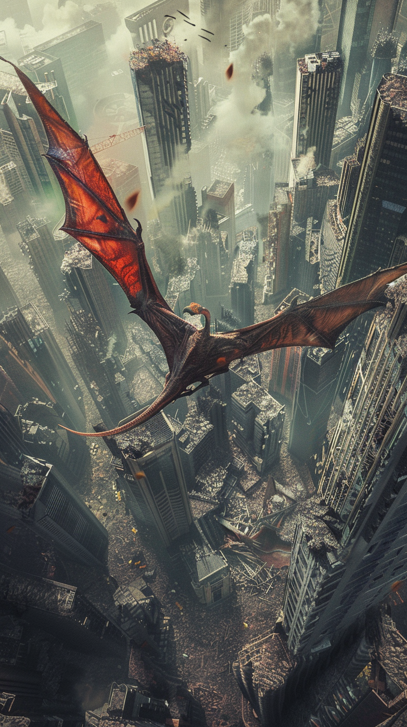 Robot Pteranodon Flying Over City