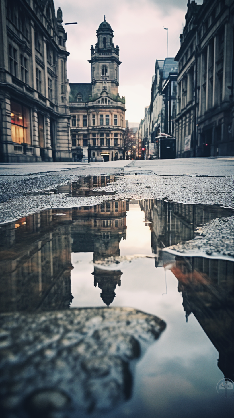 City reflection in puddle