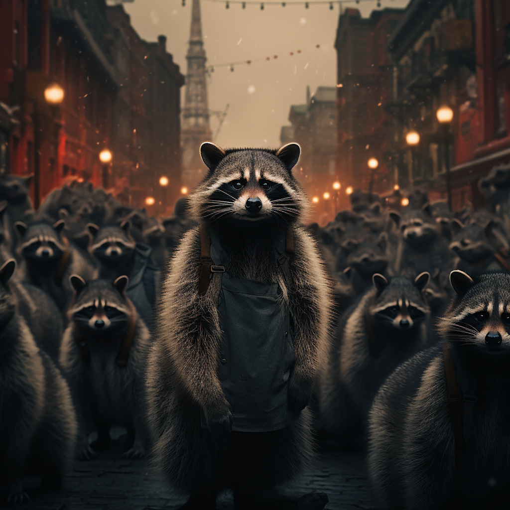 Raccoons roaming city streets at night