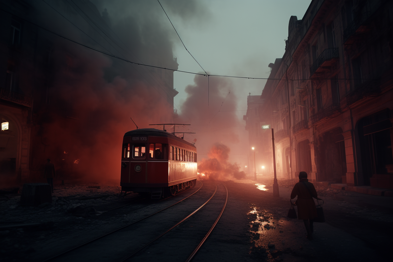 Scared woman nurse running in old tram during Warsaw Uprising