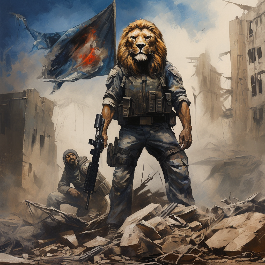 Roaring lion and Israeli soldier with flag