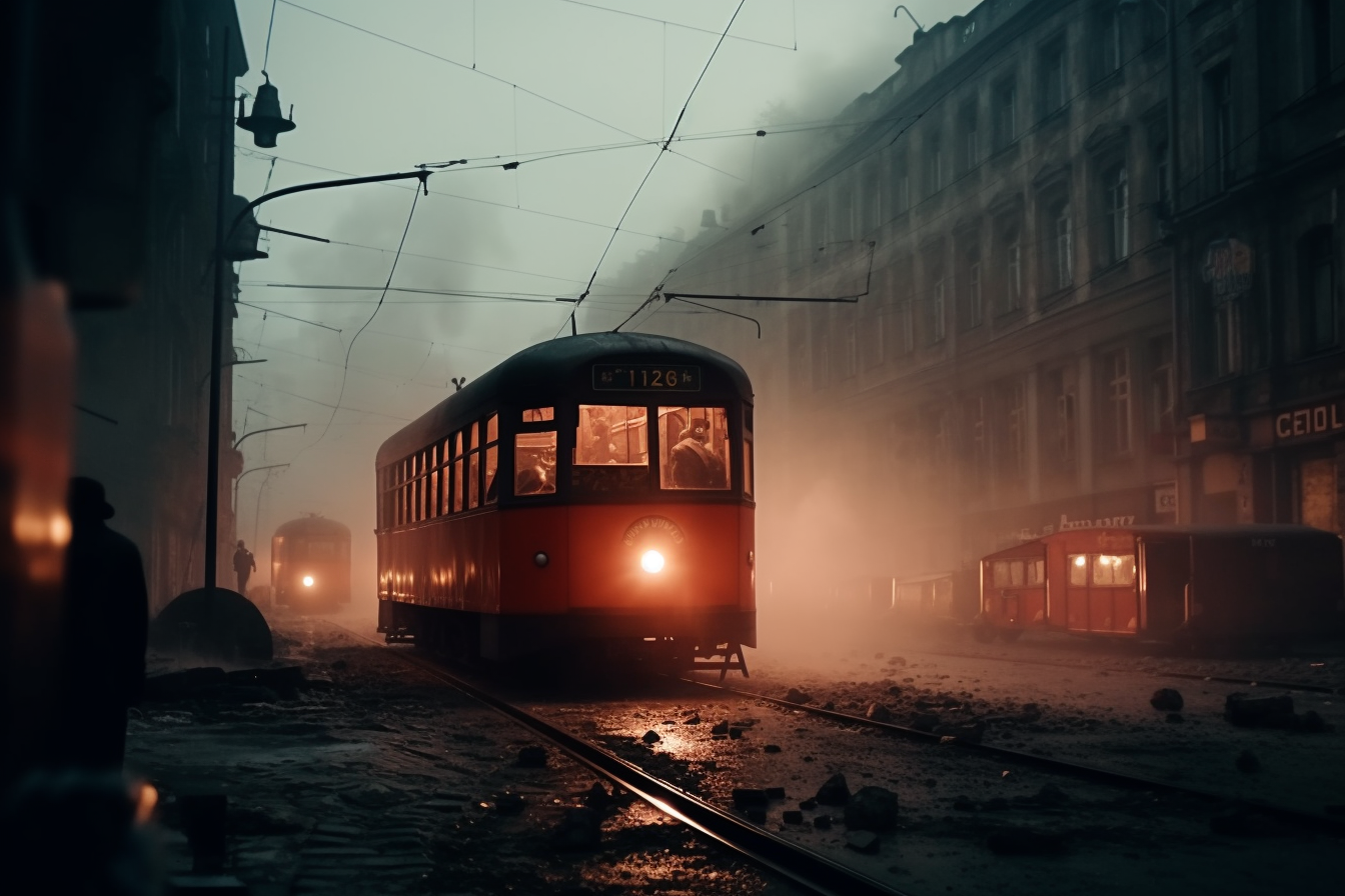 Scared woman nurse running in old tram