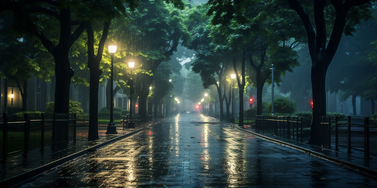 Running path in rain through city