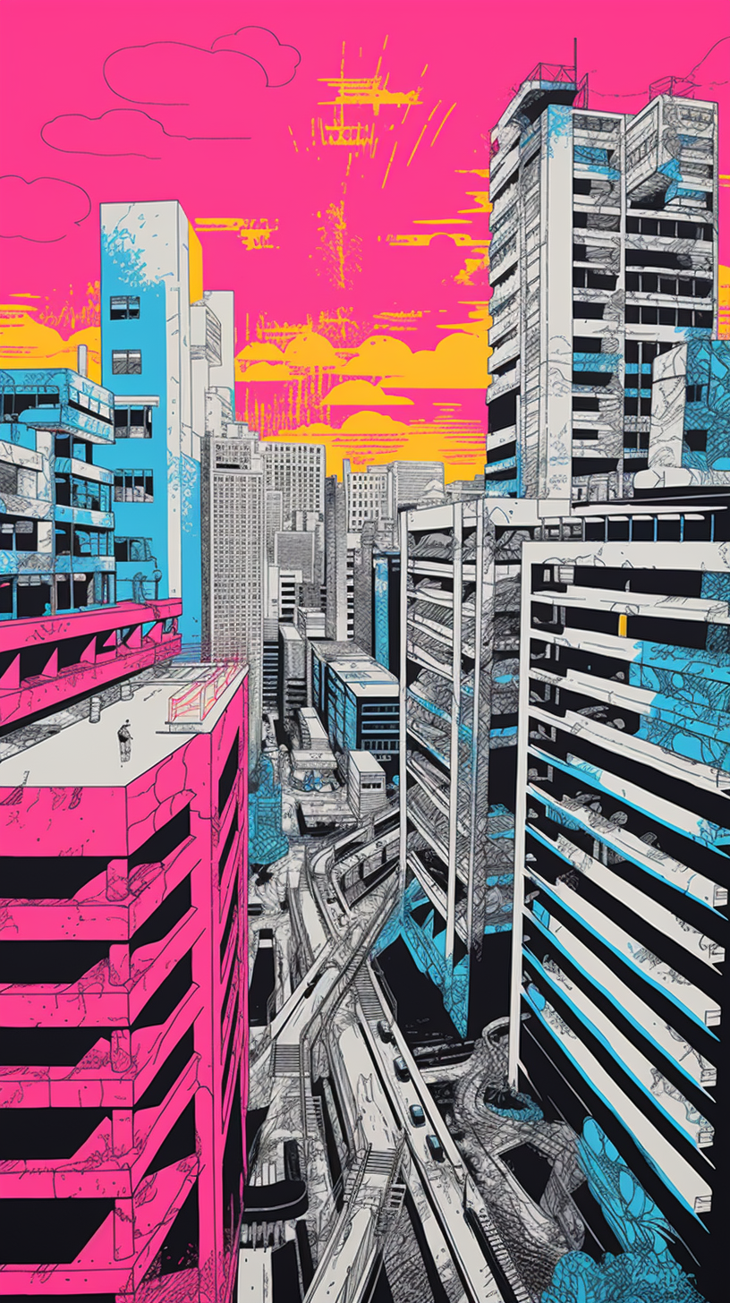 Urban Cityscape with Vibrant Neon Colors