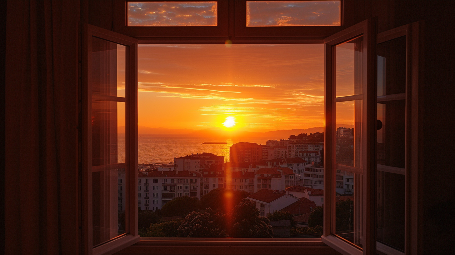 City sea sunset godrays window frames