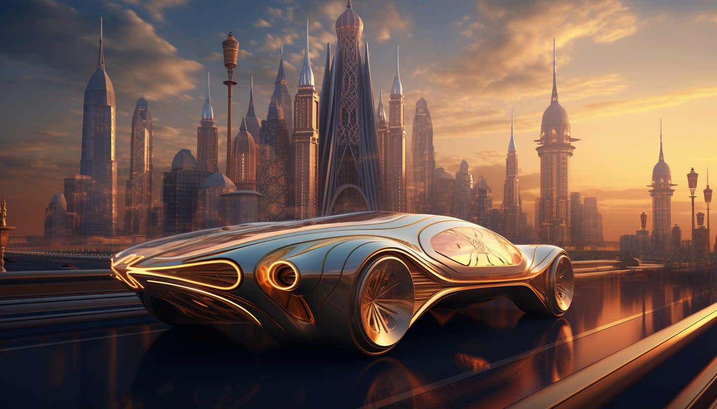 City skyline with Arabian structures and golden electric vehicle