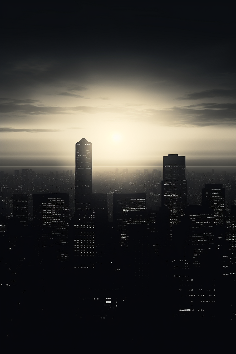 Silhouettes of city skyscrapers at dusk