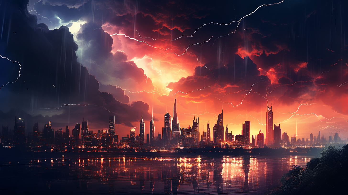 City skyline with lightning strikes at night