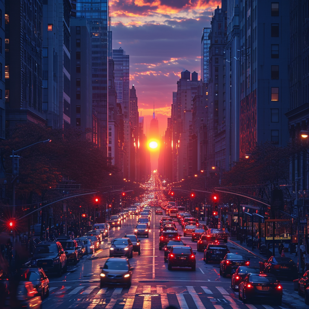 City skyline with rising sun and glowing traffic lights