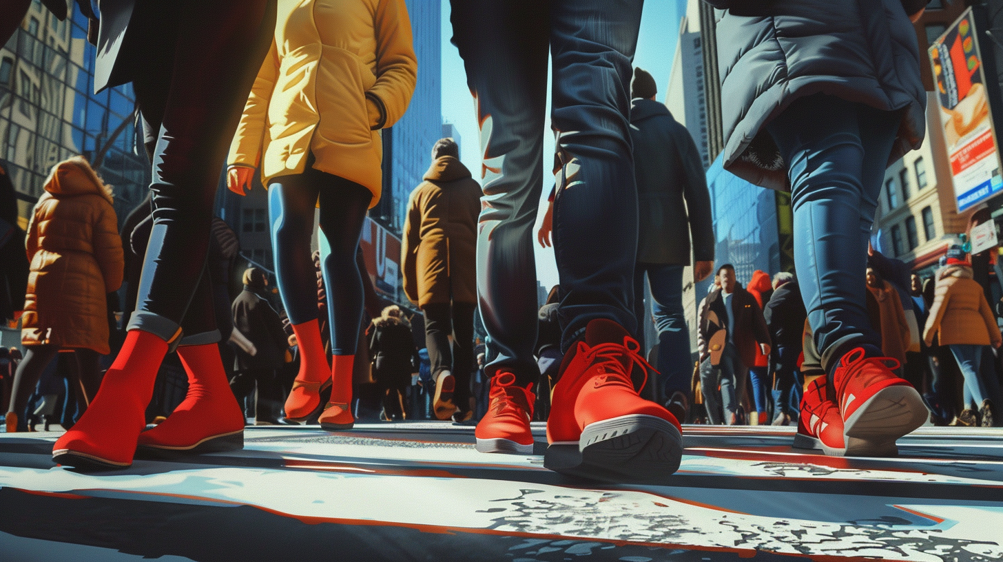 People with red socks on street