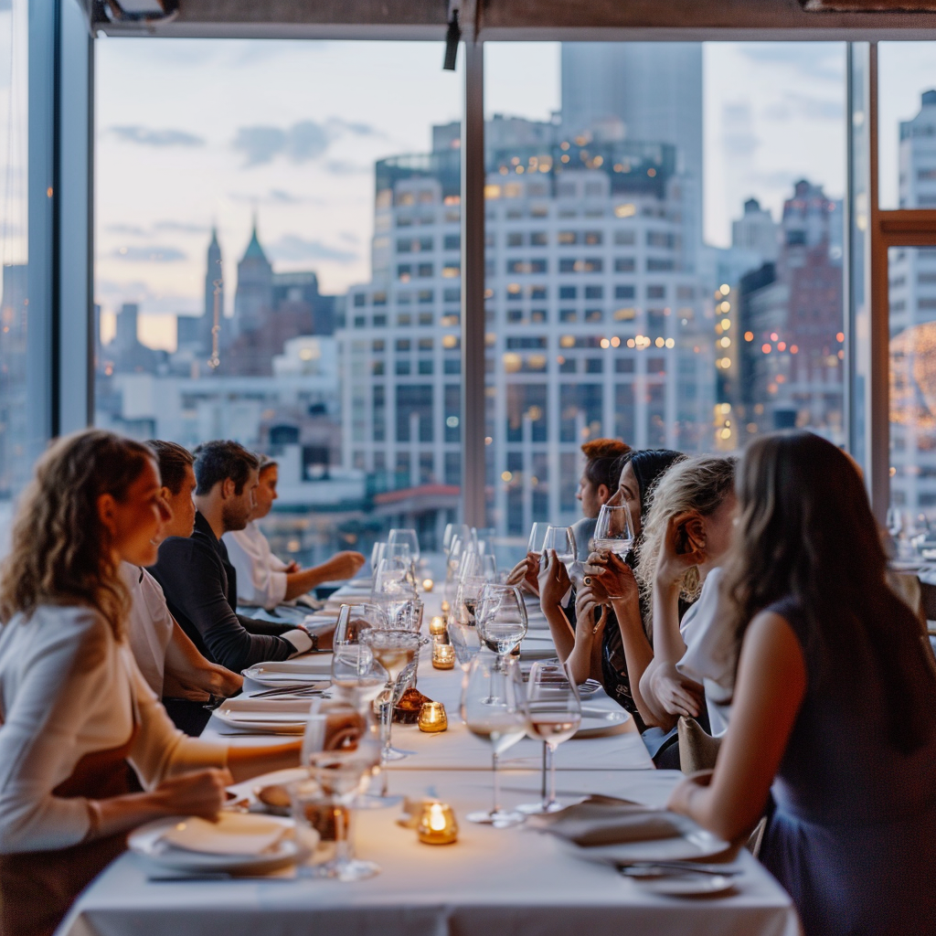 People drinking wine in city view restaurant