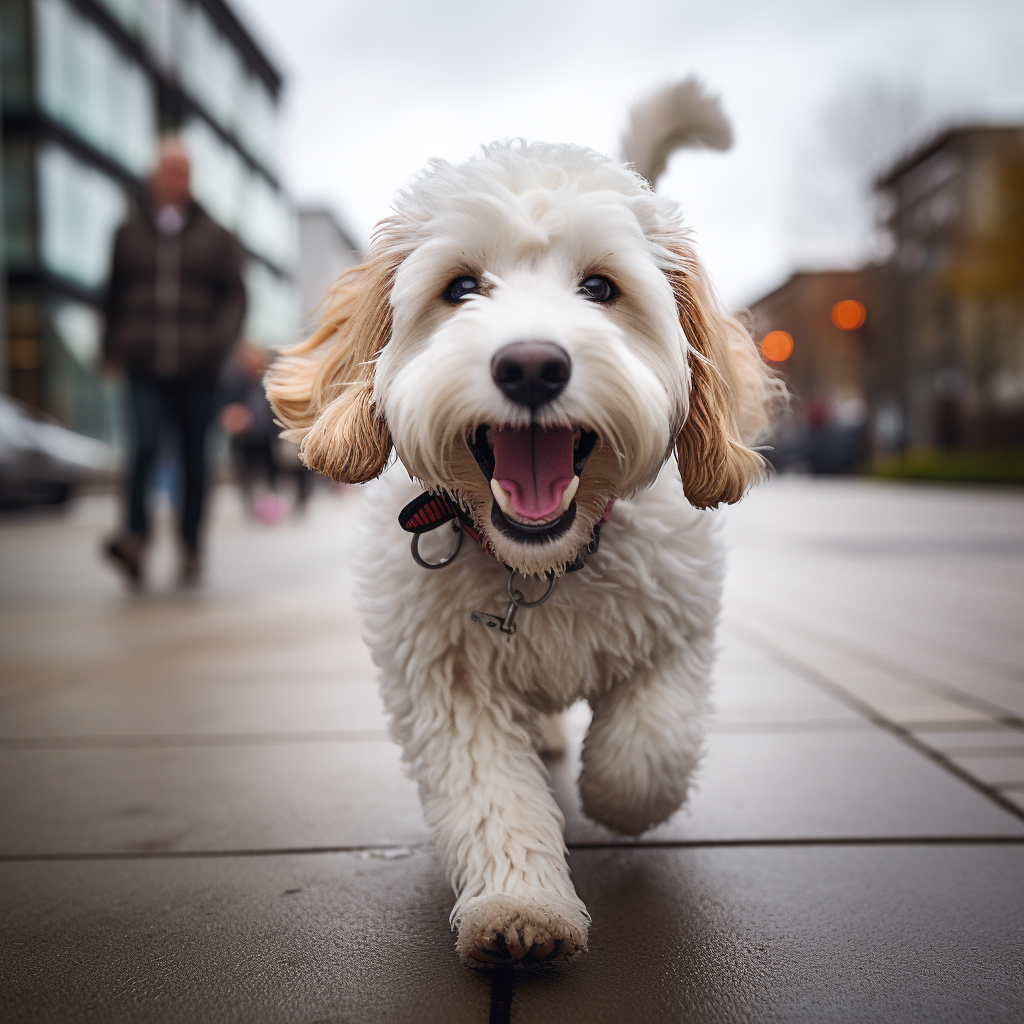 Cockapoo dog walking in the city with a smiling face