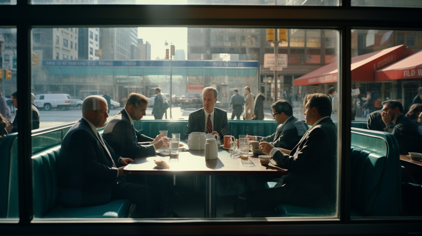 Bankers observing diner scene through window