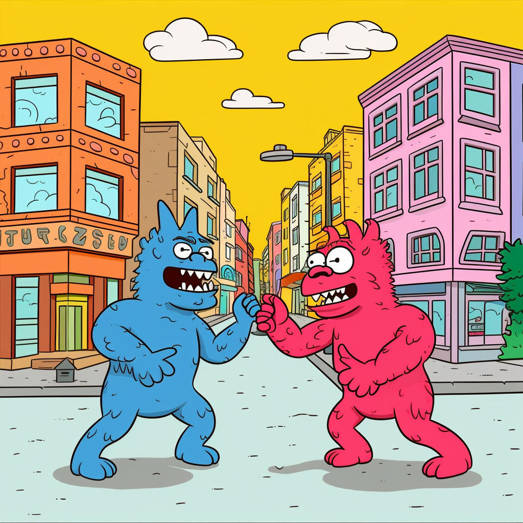 Friendly monsters preparing to wrestle in the city