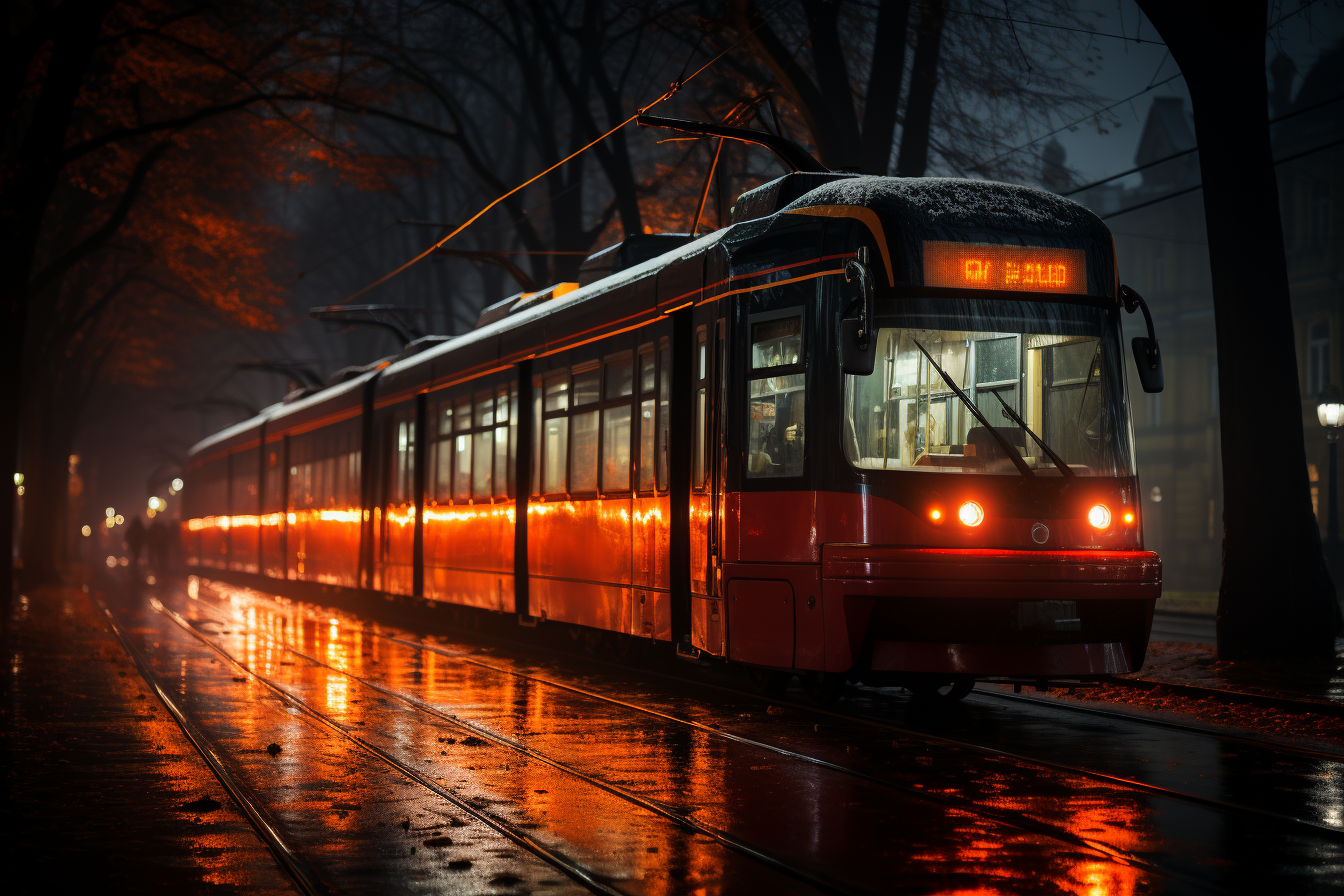 Long exposure of the city at night with a tram and waiting passers-by