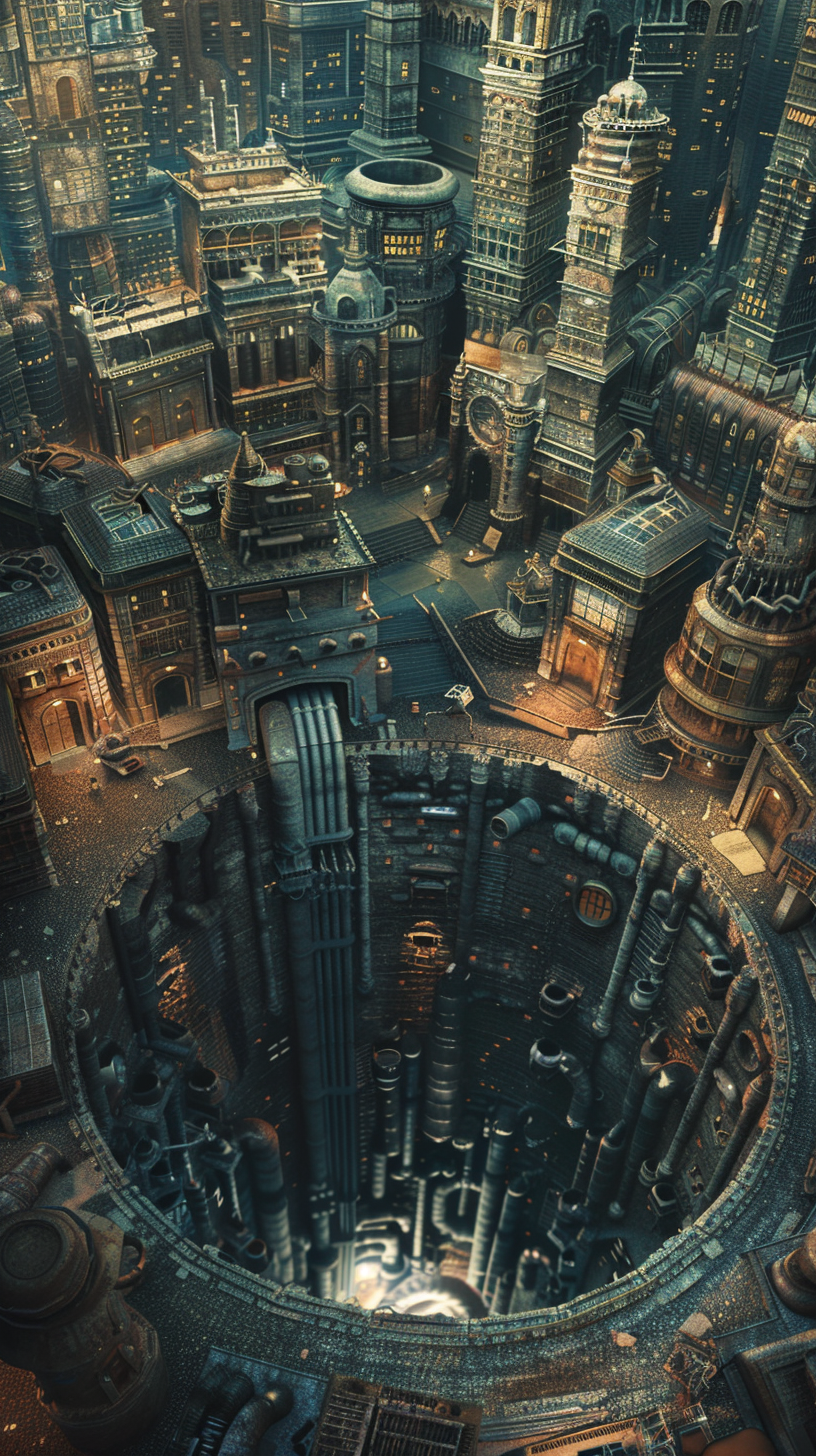 Steampunk city in deep pit