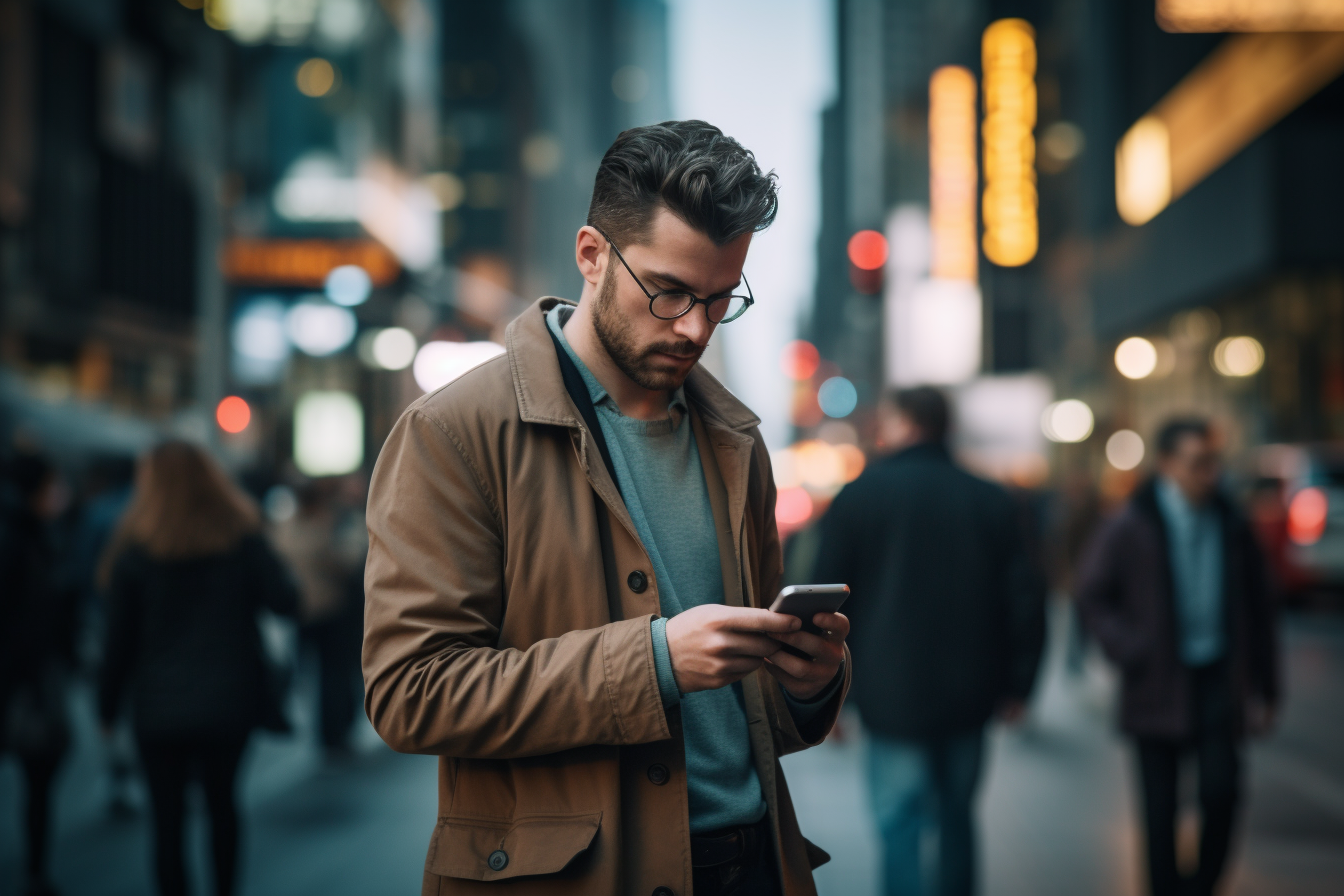 Man on Busy City Street Checking Phone